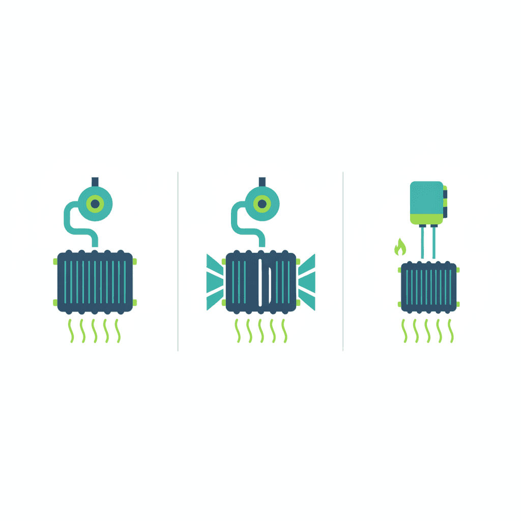 Ilustración vectorial plana con tres iconos representando las estrategias de radiadores tal cual, radiadores ampliados y aerotermia de alta temperatura, sin texto