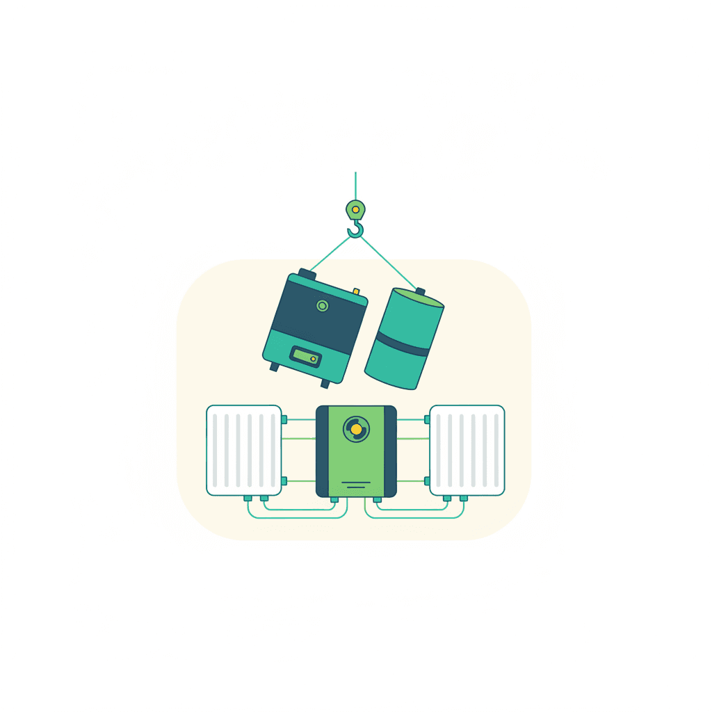 Ilustración vectorial plana de una vivienda con una caldera de gasóleo antigua junto a una unidad exterior de aerotermia y radiadores conectados a ambas, sin texto