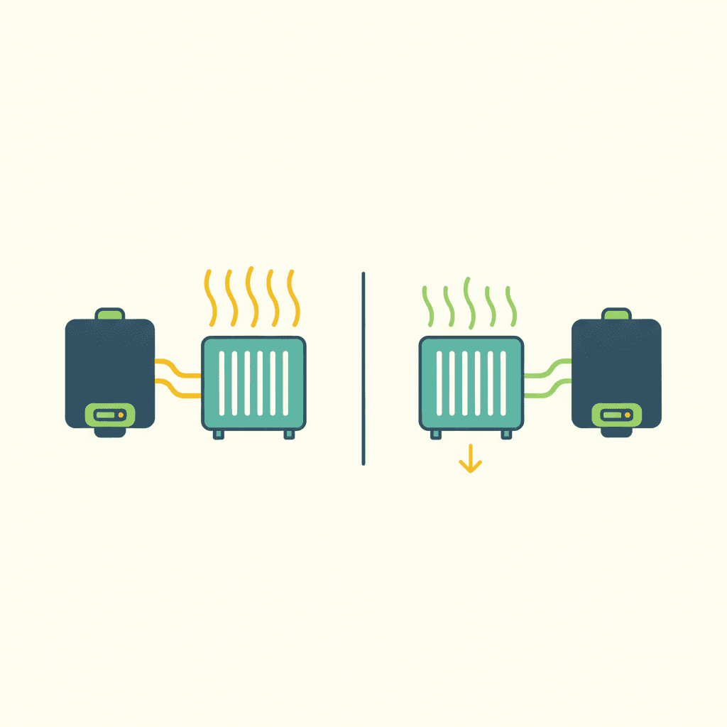 Ilustración vectorial plana comparando un radiador con agua muy caliente emitiendo mucho calor frente al mismo radiador con agua más fría emitiendo menos calor, sin texto