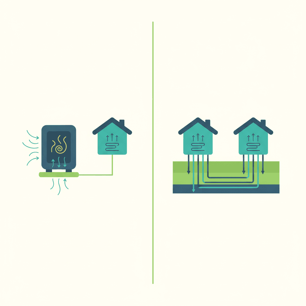 Ilustración vectorial plana comparando dos captaciones geotérmicas, una perforación vertical profunda y una captación horizontal en zanjas poco profundas bajo una parcela, sin texto