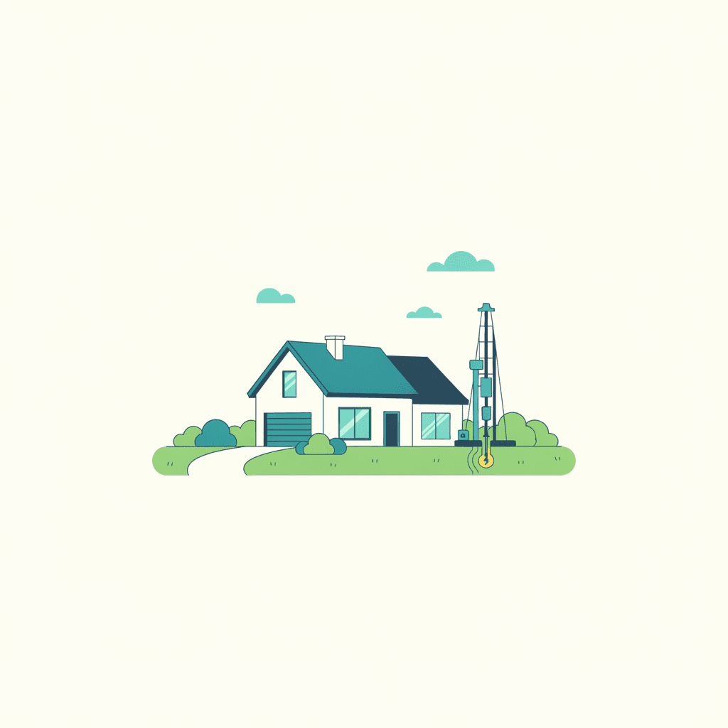 Ilustración vectorial plana de una vivienda unifamiliar de obra nueva con parcela amplia y maquinaria de sondeo geotérmico junto al jardín, sin texto