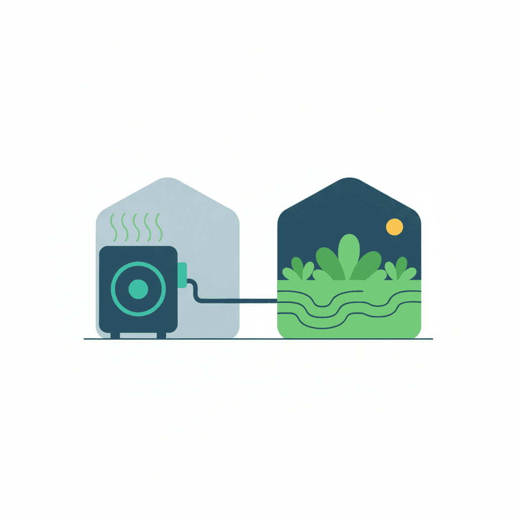 Ilustración vectorial plana de una vivienda unifamiliar en corte comparando una bomba de calor aerotérmica en el exterior con una captación geotérmica de tubos enterrados bajo el jardín, sin texto