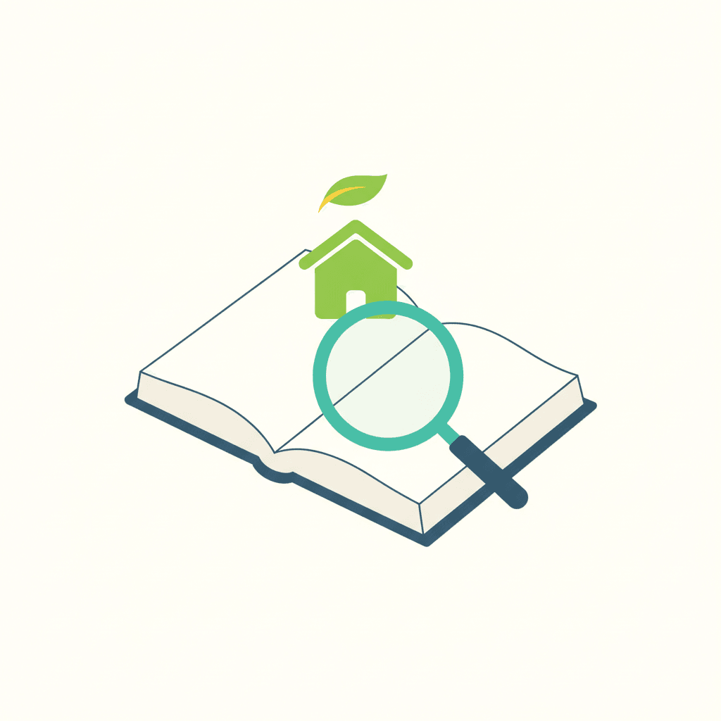 Un libro tipo glosario abierto con una lupa encima y un pequeño icono de casa con una hoja, como diccionario de ayudas a la reforma