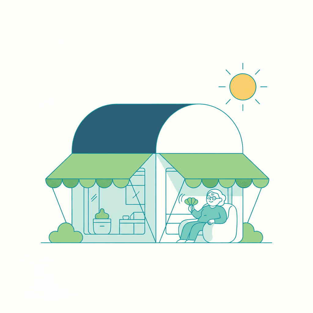 Ilustración vectorial plana de una vivienda de noche con la cubierta y una buhardilla señaladas en tono cálido y una brisa entrando por una ventana abierta, sin texto