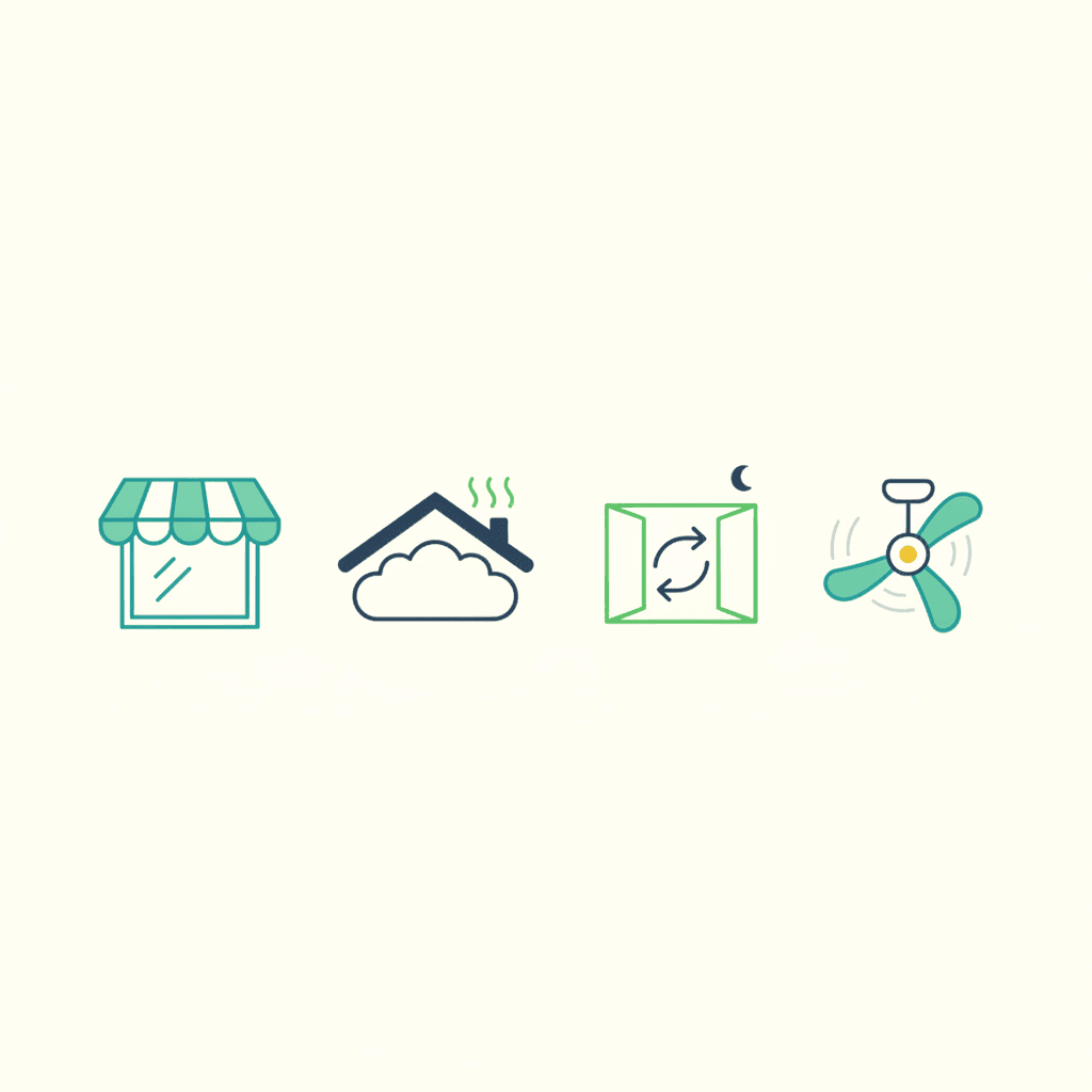 Ilustración vectorial plana con iconos de un toldo exterior, una ventana abierta de noche y un ventilador de techo, representando medidas frente a una ola de calor, sin texto