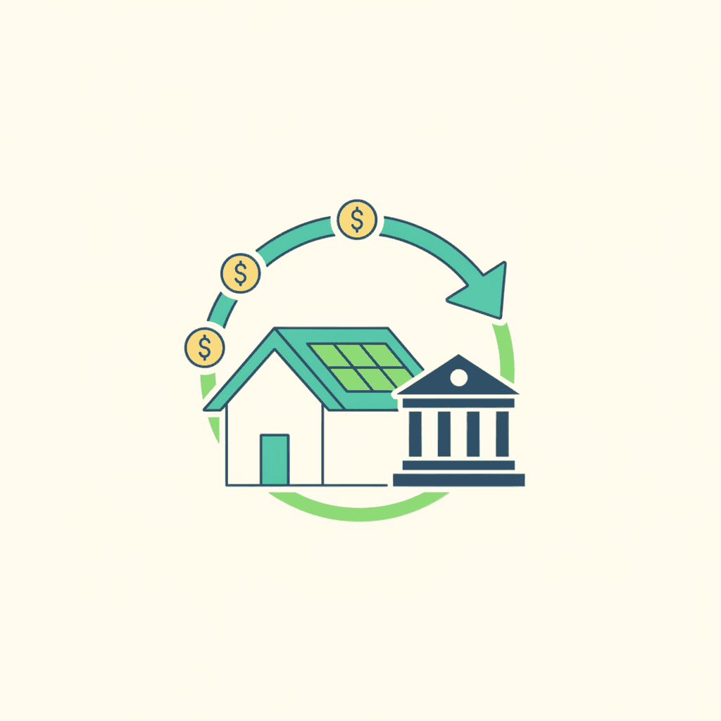 Vivienda con placas solares junto a un formulario de la declaración de la Renta y un euro representando la deducción del IRPF