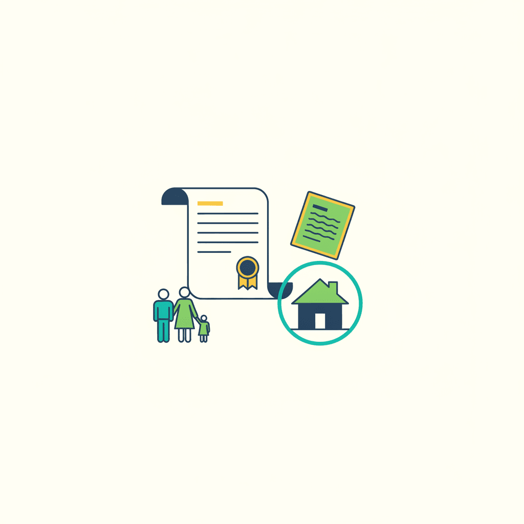 Ilustración vectorial plana de una casa con un documento oficial sellado flotando sobre ella y un árbol genealógico esquemático al lado, representando una vivienda heredada con una ayuda de rehabilitación pendiente, sin texto