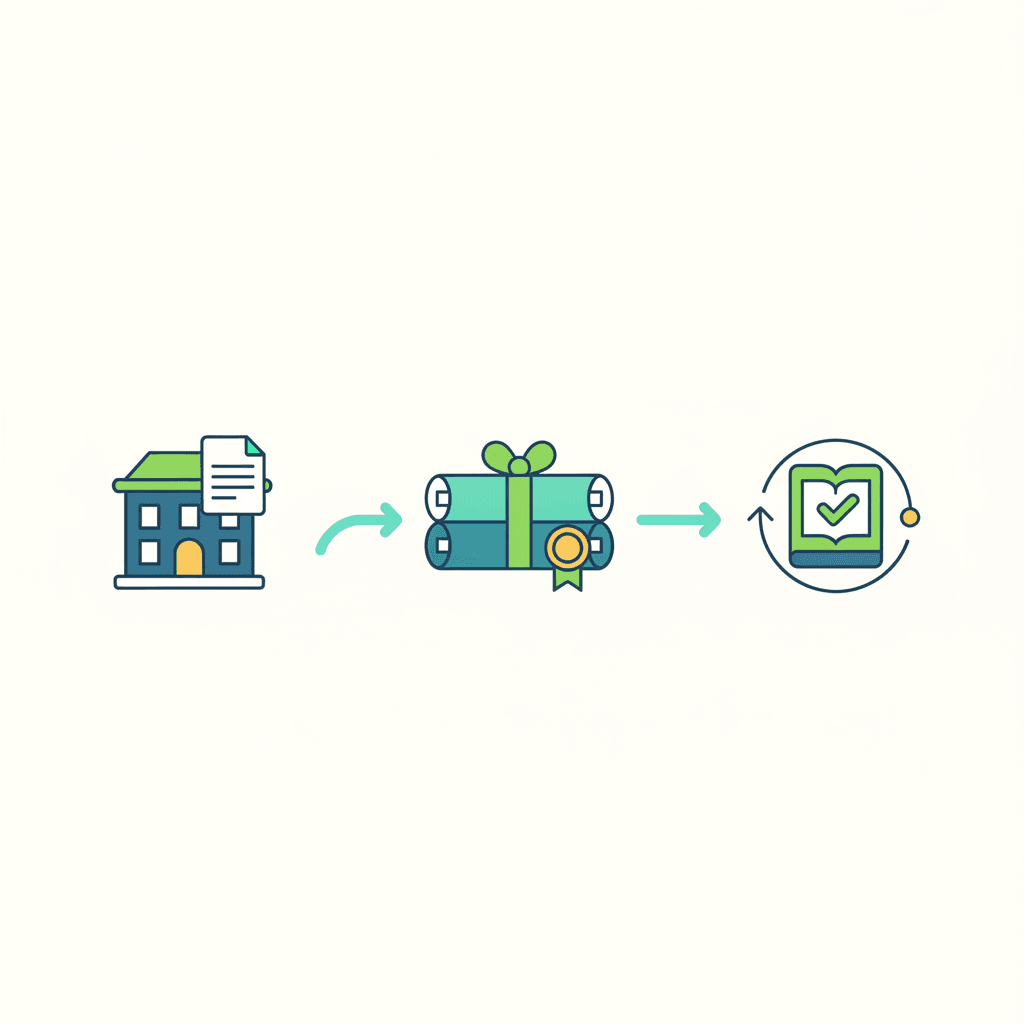 Ilustración vectorial plana de una línea de tiempo con un documento de defunción al inicio, una carpeta de papeles sucesorios en el medio y una casa con una marca de verificación al final, sin texto
