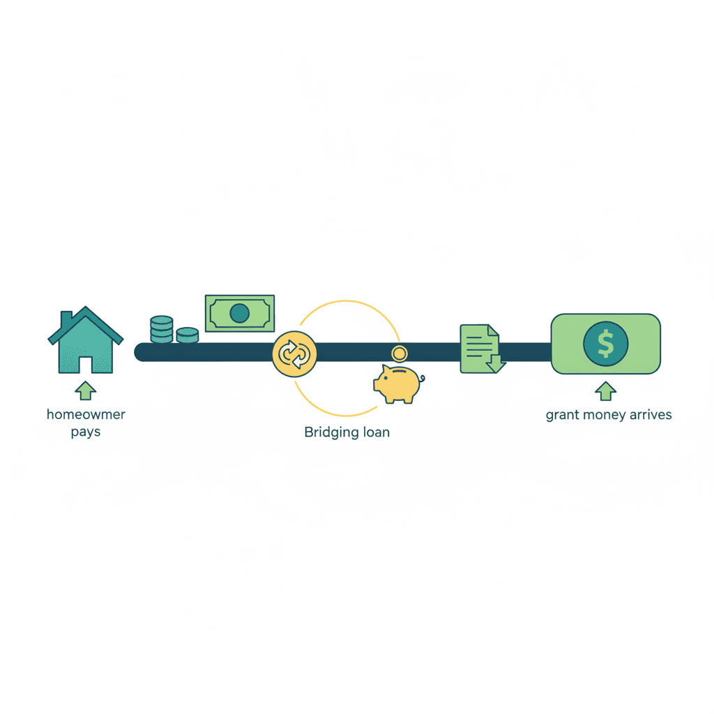 Ilustración vectorial plana de una línea de tiempo mostrando el pago de la obra primero y el cobro de la subvención después, con un puente de financiación entre ambos, sin texto
