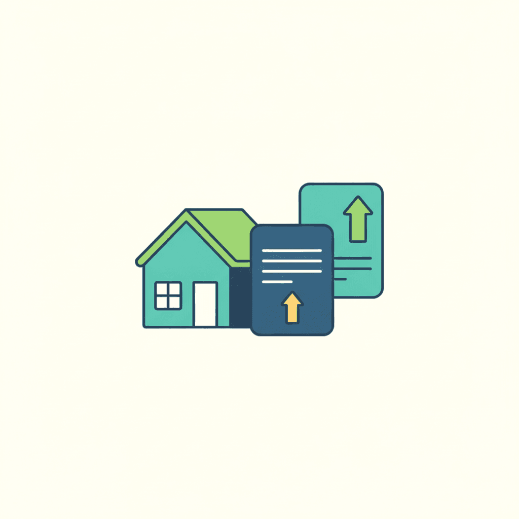 Ilustración vectorial plana de una vivienda con un informe de tasación y un documento de hipoteca junto a un sello de ayuda o subvención, sin texto