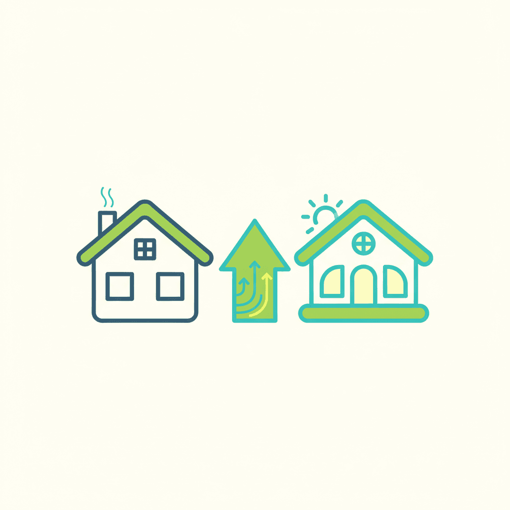 Ilustración vectorial plana de dos certificados energéticos, uno antes y otro después de la reforma, con una flecha ascendente hacia un informe de tasación, sin texto