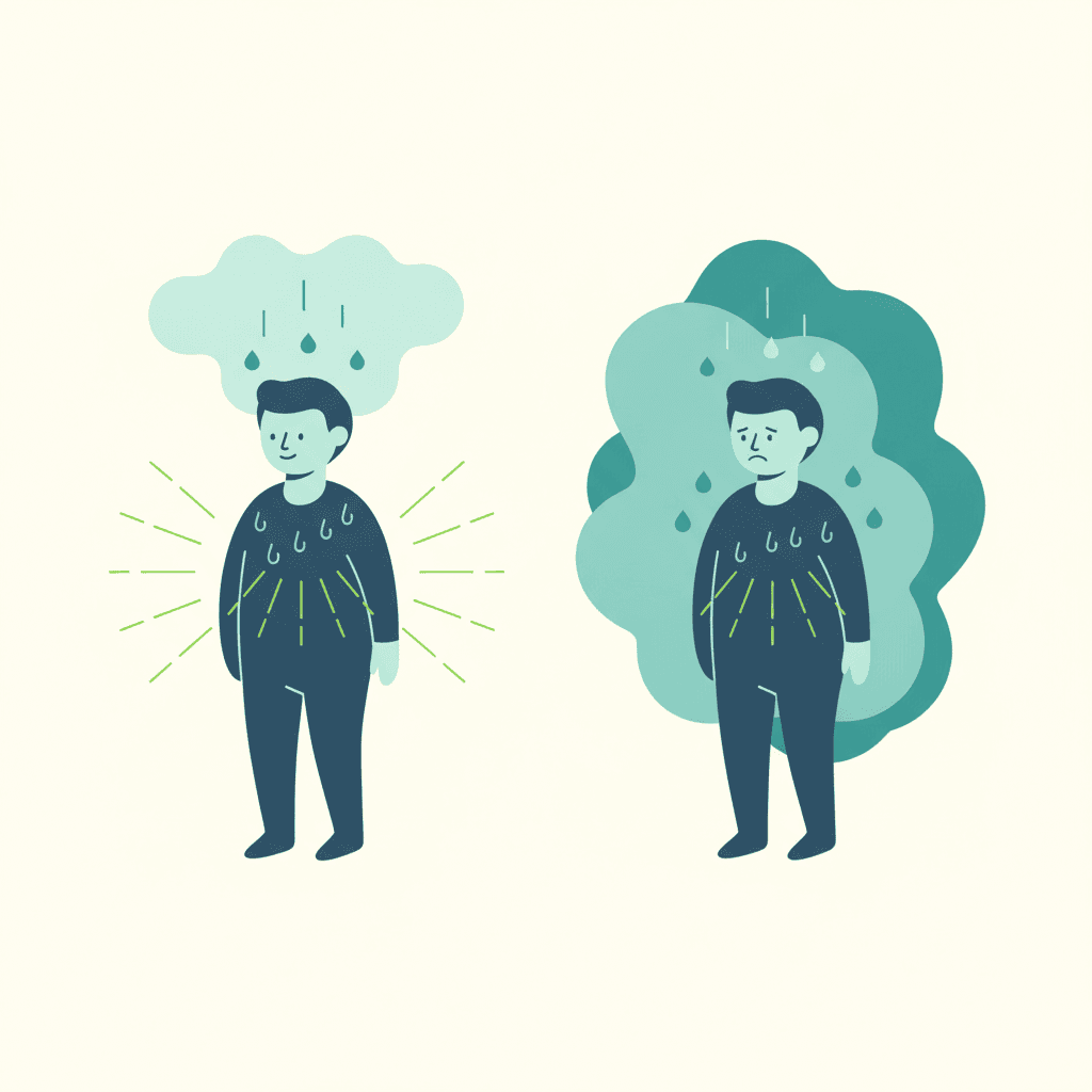 Ilustración vectorial plana comparando dos ambientes a la misma temperatura, uno con aire seco donde una gota de sudor se evapora con facilidad y otro con aire húmedo donde la gota permanece en la piel, sin texto