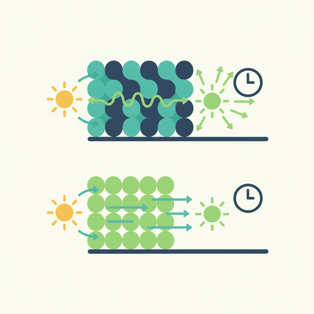 Ilustración vectorial plana de un cerramiento en corte con el calor entrando por la cara exterior y atravesando el material hasta la cara interior varias horas después, con un reloj marcando el desfase térmico, sin texto