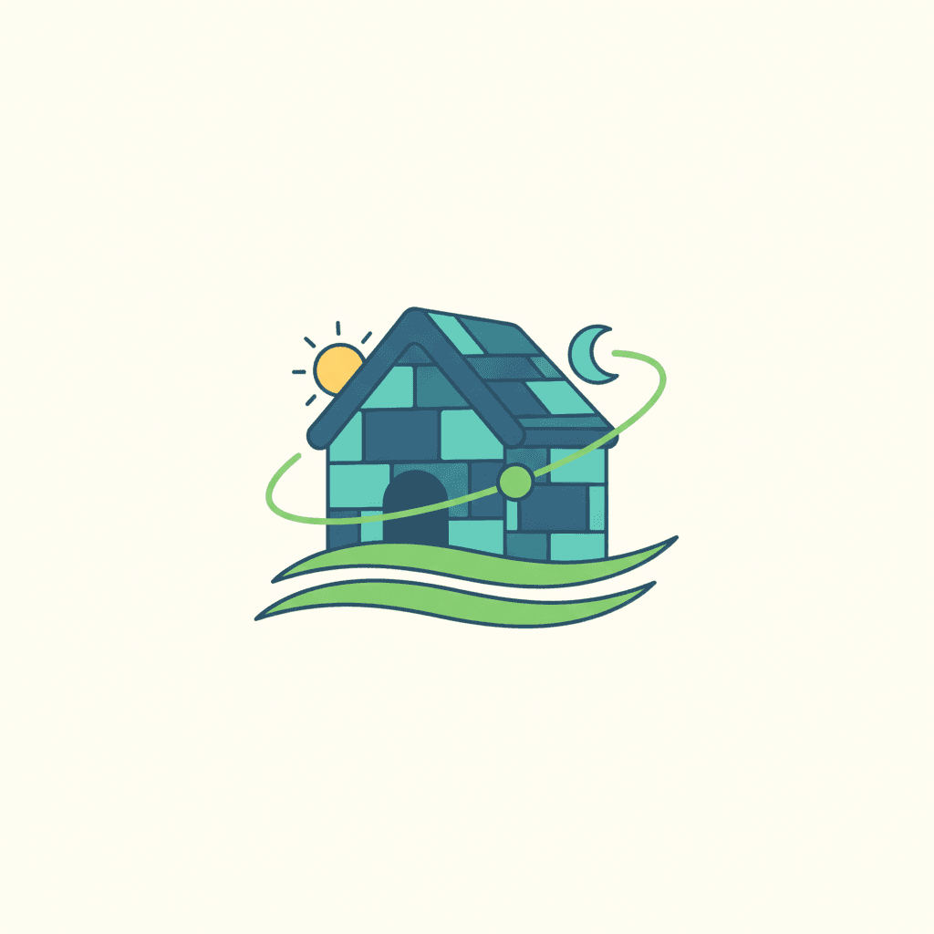 Ilustración vectorial plana de una vivienda en corte mostrando un muro grueso que absorbe el calor durante el día y lo libera por la noche, con un reloj señalando el desfase térmico, sin texto