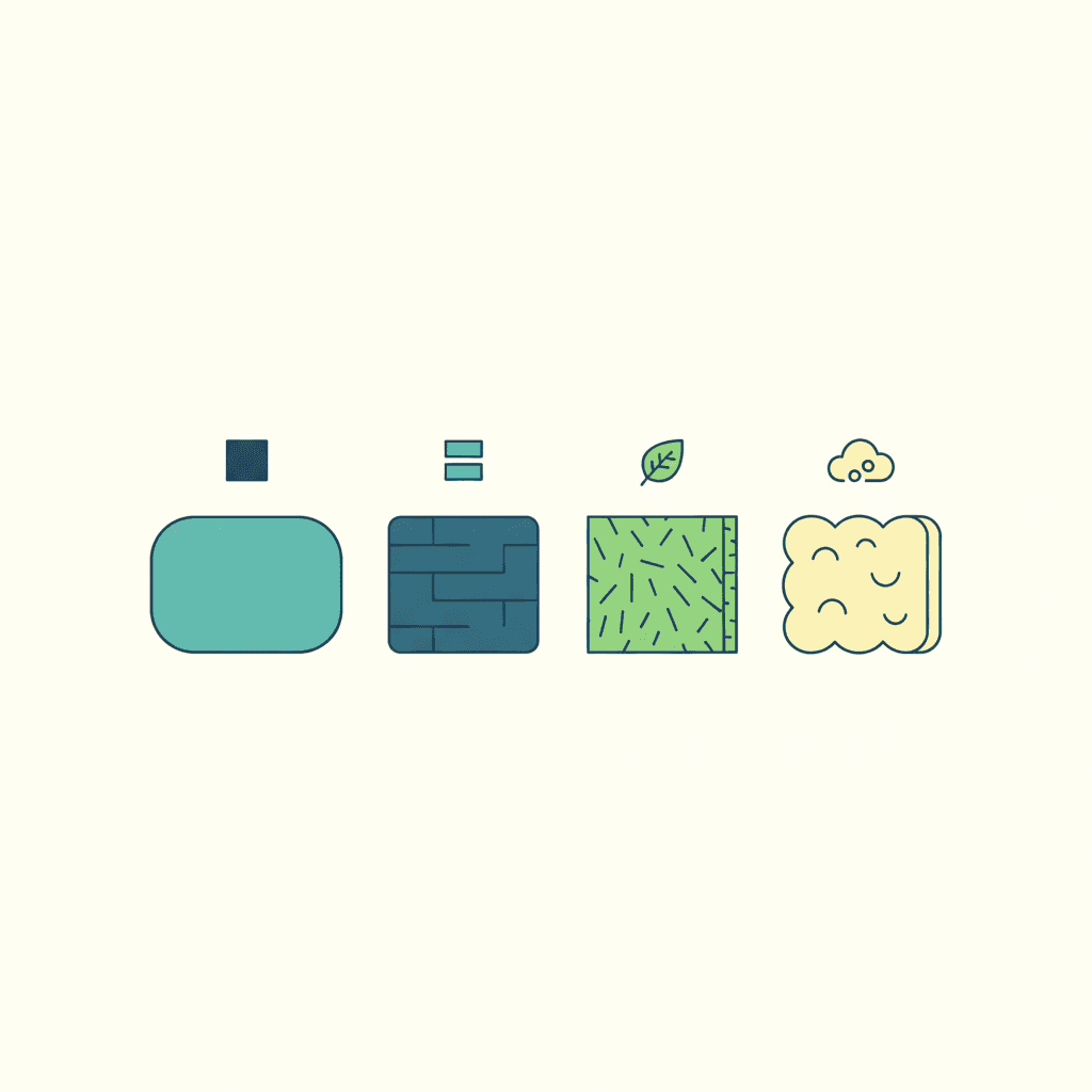 Ilustración vectorial plana con iconos comparando distintos materiales de construcción y aislamiento -piedra, fibra de madera, corcho, lana mineral- junto a un indicador de su inercia térmica, sin texto