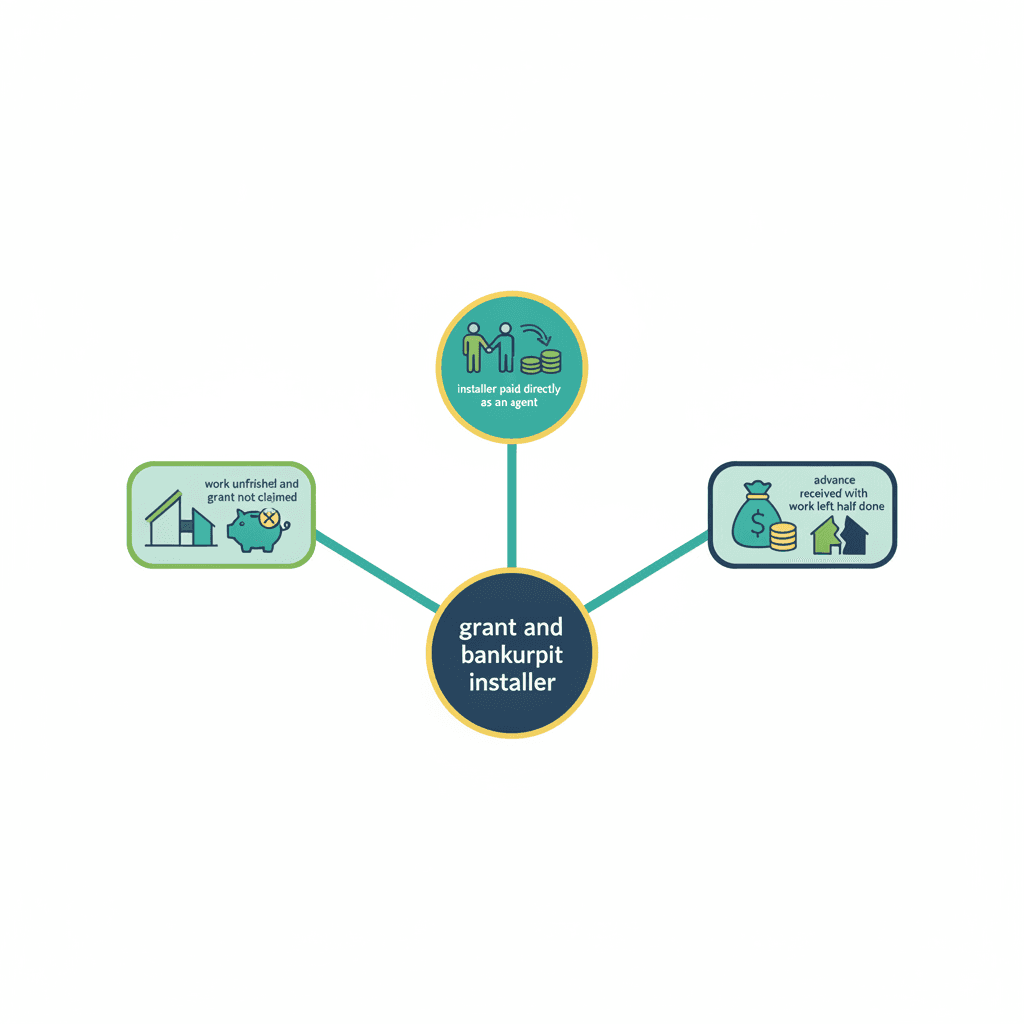 Ilustración vectorial plana con tres iconos de escenarios distintos: un contrato con un sello de justificación pendiente, una mano entregando dinero directamente a una empresa y un anticipo junto a una obra a medio construir, sin texto