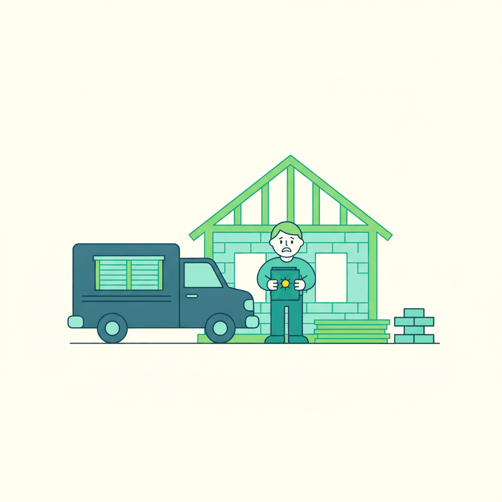 Ilustración vectorial plana de una vivienda a medio reformar con un maletín de herramientas cerrado con un candado y un documento de subvención junto a una balanza, sin texto