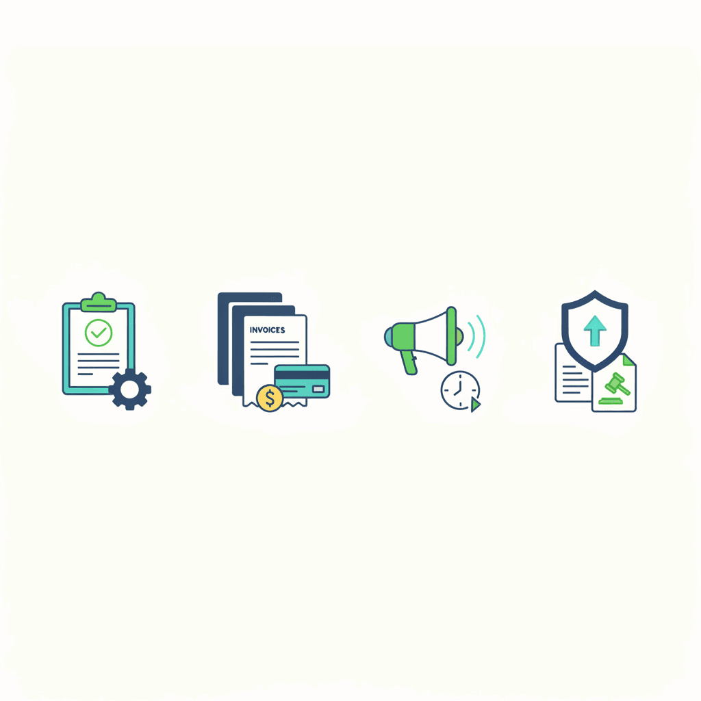 Ilustración vectorial plana de una checklist con una carpeta de facturas, un informe técnico con una lupa y una mano levantada representando la comunicación con la administración, sin texto