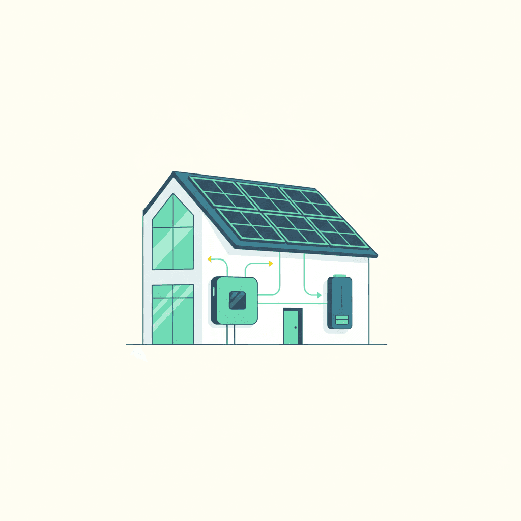 Inversor solar híbrido montado en la pared de una vivienda, conectado a unos paneles solares en el tejado y a una batería a su lado, con flechas que indican el flujo de energía entre placas, batería y casa
