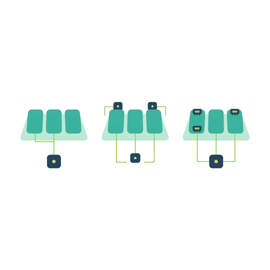 Comparativa de las tres opciones: inversor string central, microinversores por panel y optimizadores con inversor central