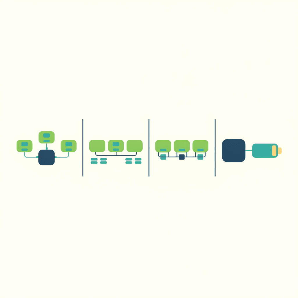 Cuatro esquemas comparando las familias de inversor: de cadena, microinversores, con optimizadores de potencia e híbridos preparados para batería