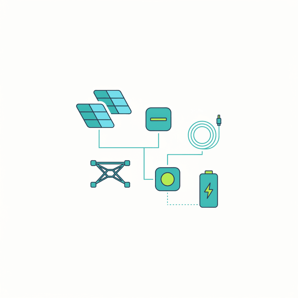 Esquema de los componentes de un kit solar: paneles, inversor, estructura, cableado, protecciones y batería opcional