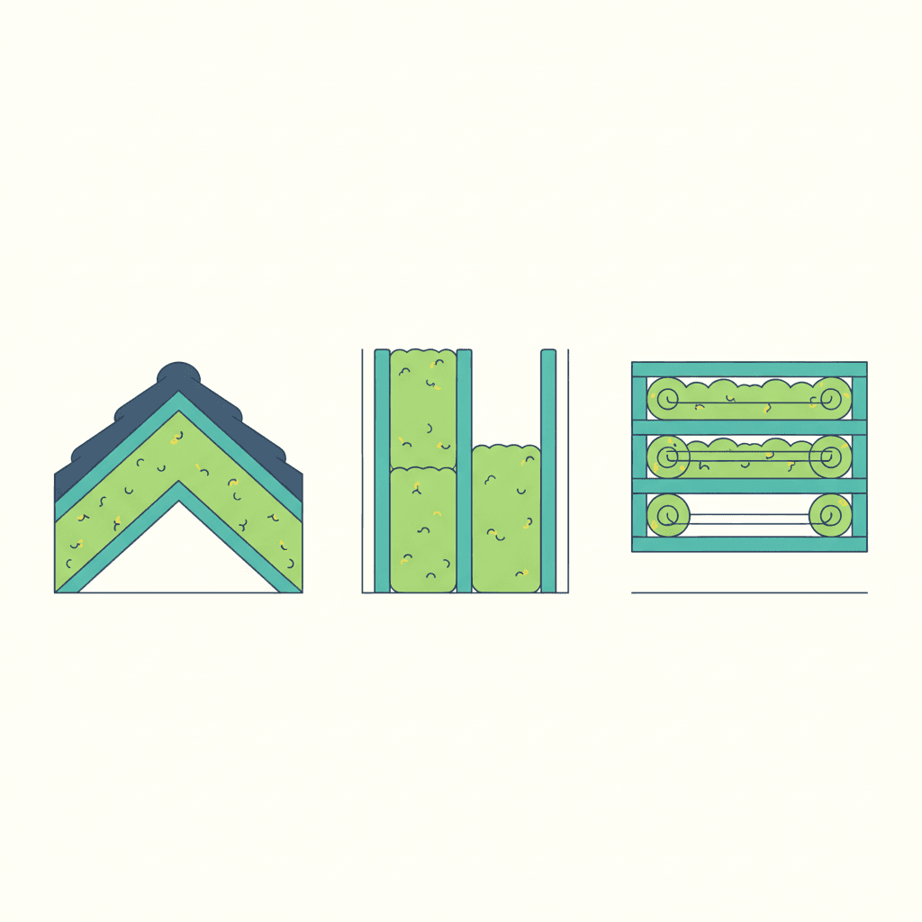 Ilustración vectorial plana de una vivienda en corte mostrando lana de oveja instalada en la cubierta, un entramado de madera y un trasdosado interior