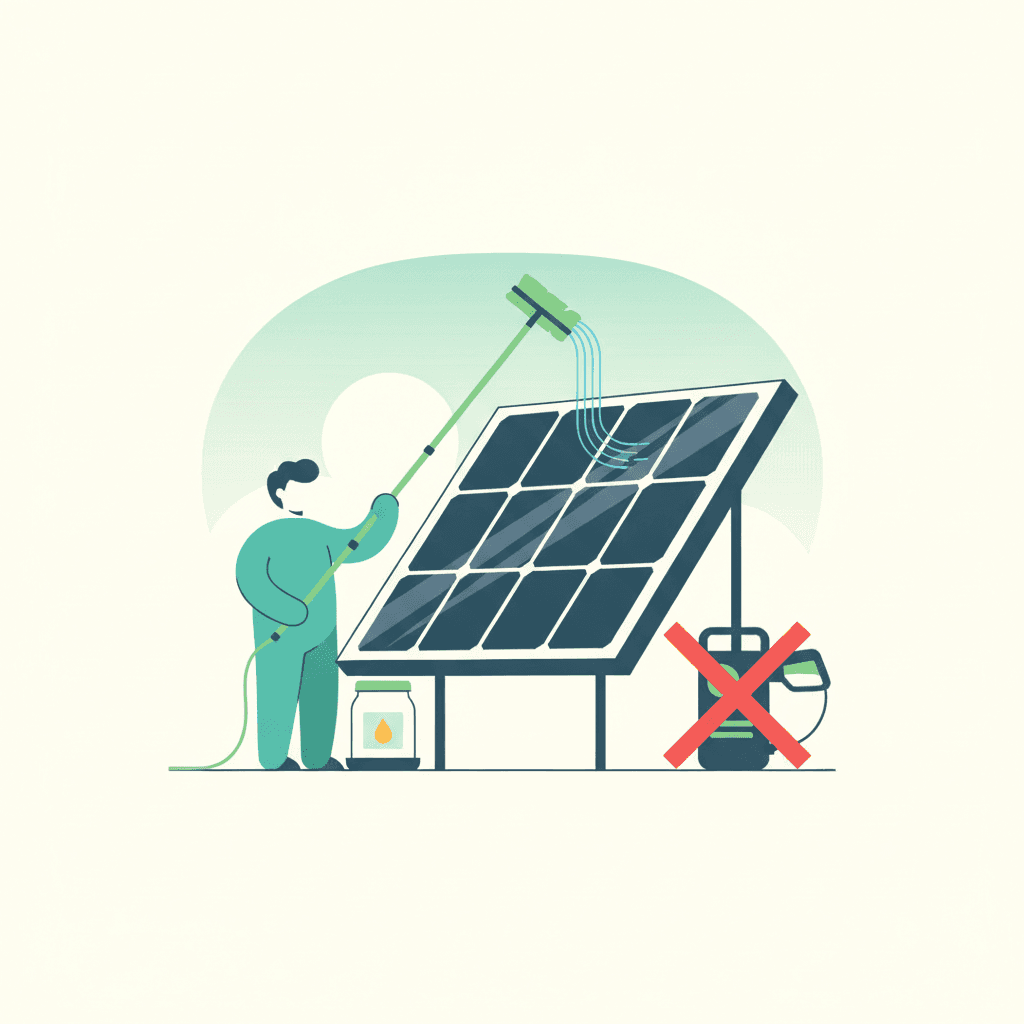 Ilustración vectorial plana sin texto de una persona limpiando placas solares desde el suelo con una pértiga y un cepillo suave al atardecer, con la vivienda y el tejado de fondo, sin subirse al tejado
