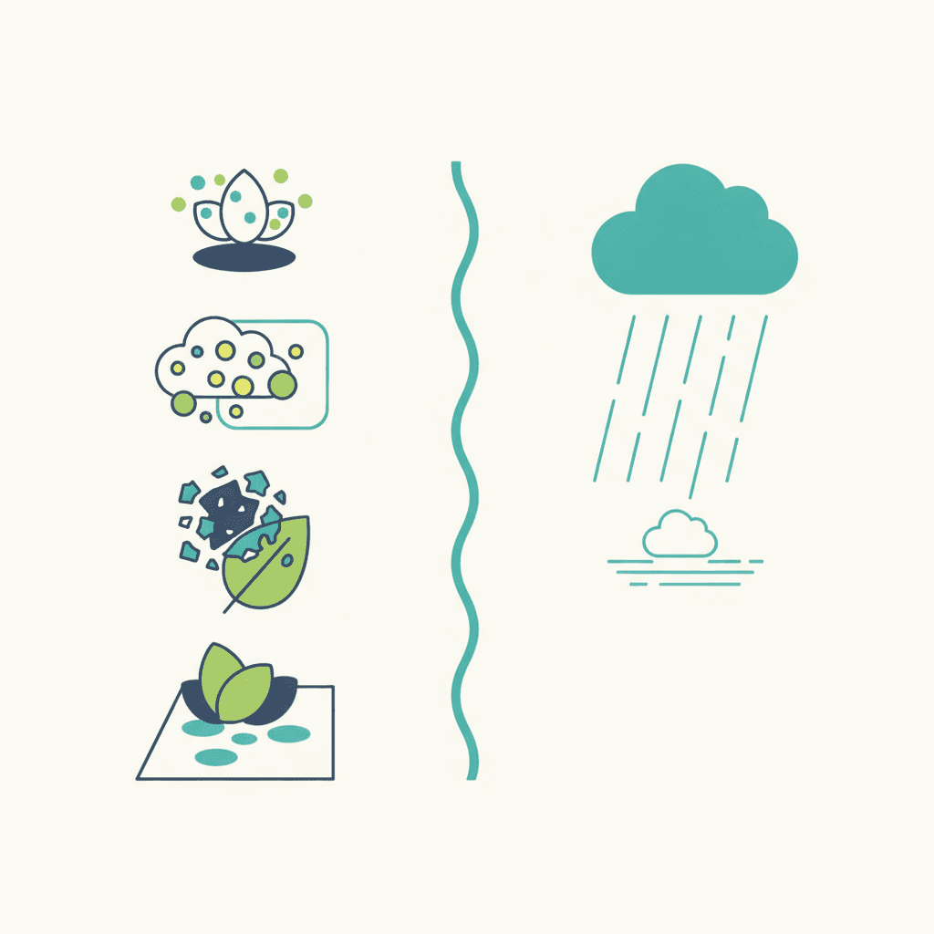 Ilustración vectorial plana sin texto que compara una placa solar con polvo uniforme y ligero frente a otra placa con una mancha localizada oscura de excrementos de ave, mostrando la diferencia entre suciedad que afecta poco y suciedad que afecta mucho a la producción