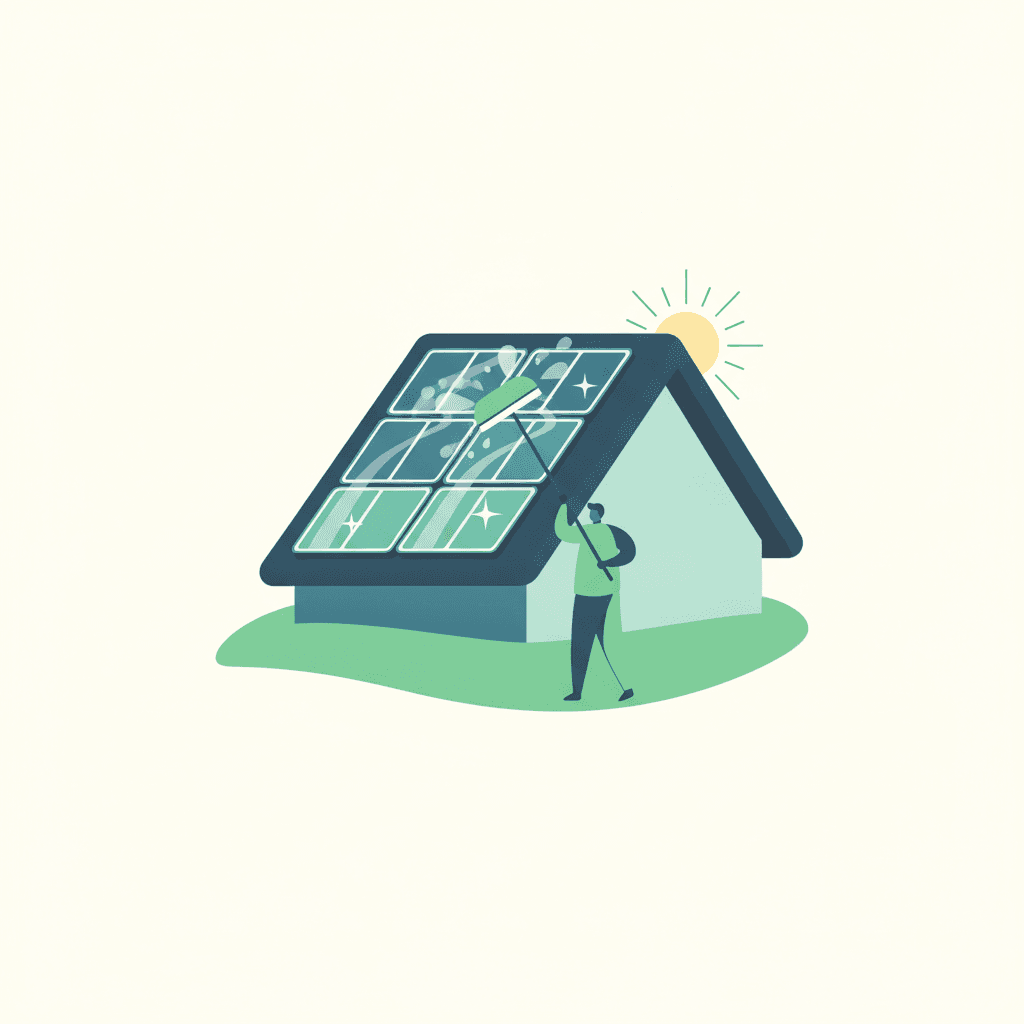 Ilustración vectorial plana sin texto de una placa solar en un tejado con gotas de lluvia cayendo sobre la superficie y un pequeño brillo de sol, representando la limpieza natural de las placas solares