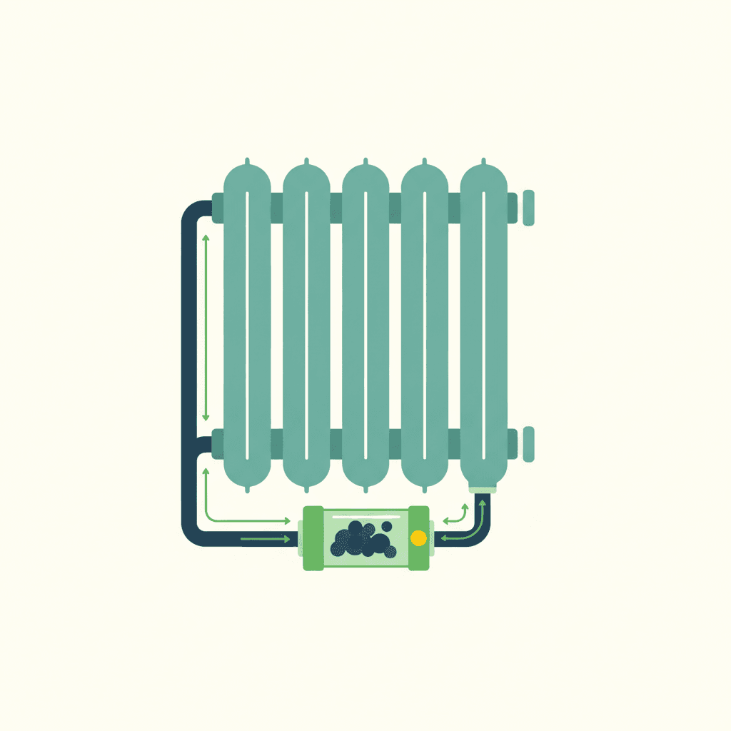 Ilustración vectorial plana de un radiador en corte mostrando lodo negro acumulado en la parte baja y agua limpia en la parte alta, sin texto