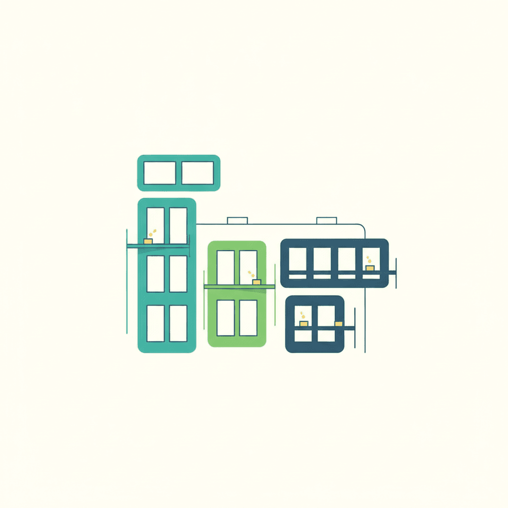 Ilustración vectorial plana de una fachada de vivienda dividida en lotes de ventanas agrupados por planta, con un andamio compartido entre varios huecos, sin texto