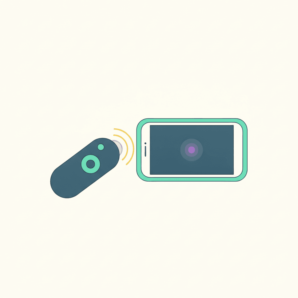 Ilustración vectorial plana de una persona apuntando el emisor de un mando de aire acondicionado hacia la cámara de un teléfono móvil, con un destello de luz violeta visible en la pantalla, sin texto