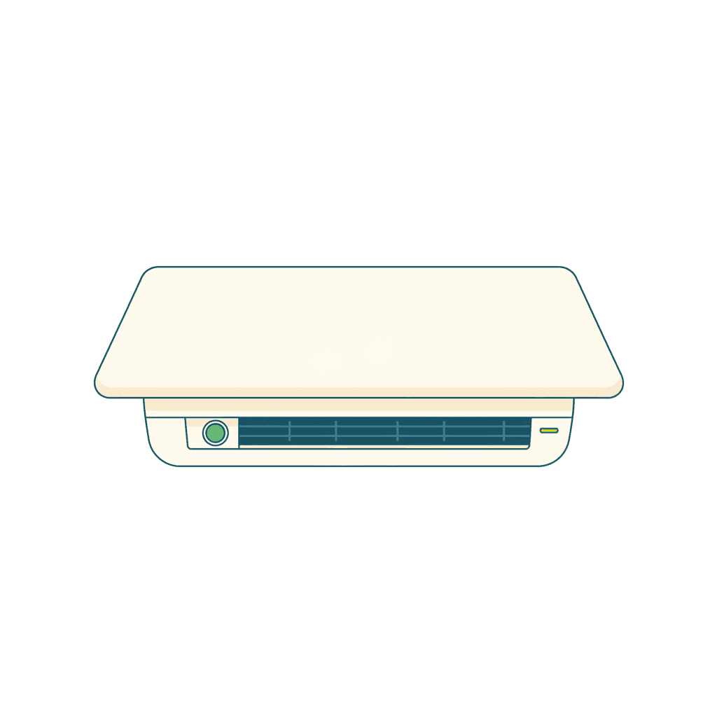 Ilustración vectorial plana de una unidad interior de aire acondicionado con la tapa frontal abierta mostrando un botón de emergencia, sin texto