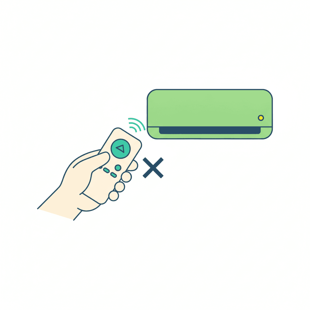 Ilustración vectorial plana de un mando de aire acondicionado apuntando hacia una unidad interior en una pared, con un símbolo de señal apagada, sin texto