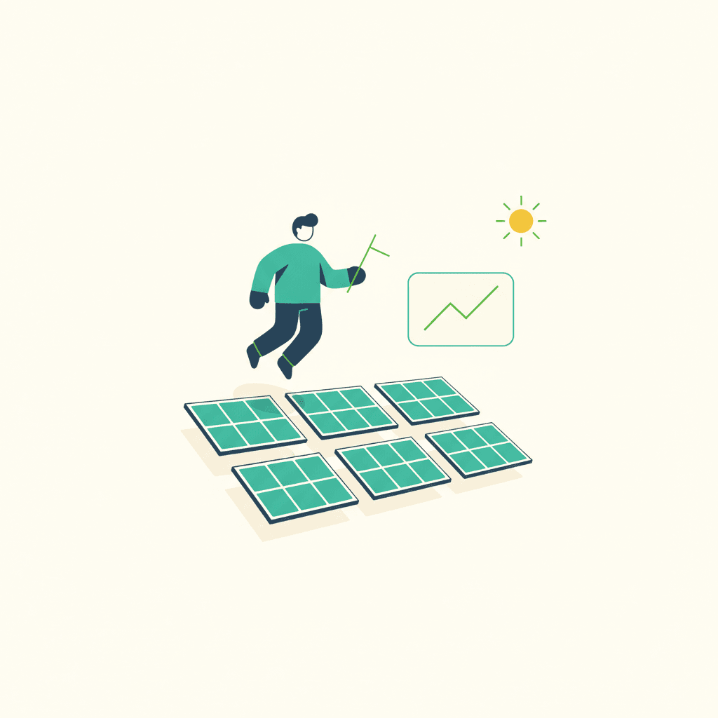 Ilustración de paneles solares en un tejado siendo revisados, con un panel de monitorización de producción