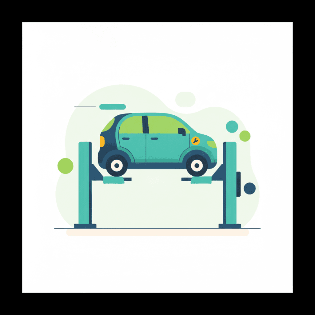Ilustración vectorial plana de un coche eléctrico con iconos flotantes de neumático, disco de freno y batería representando su mantenimiento, sin texto