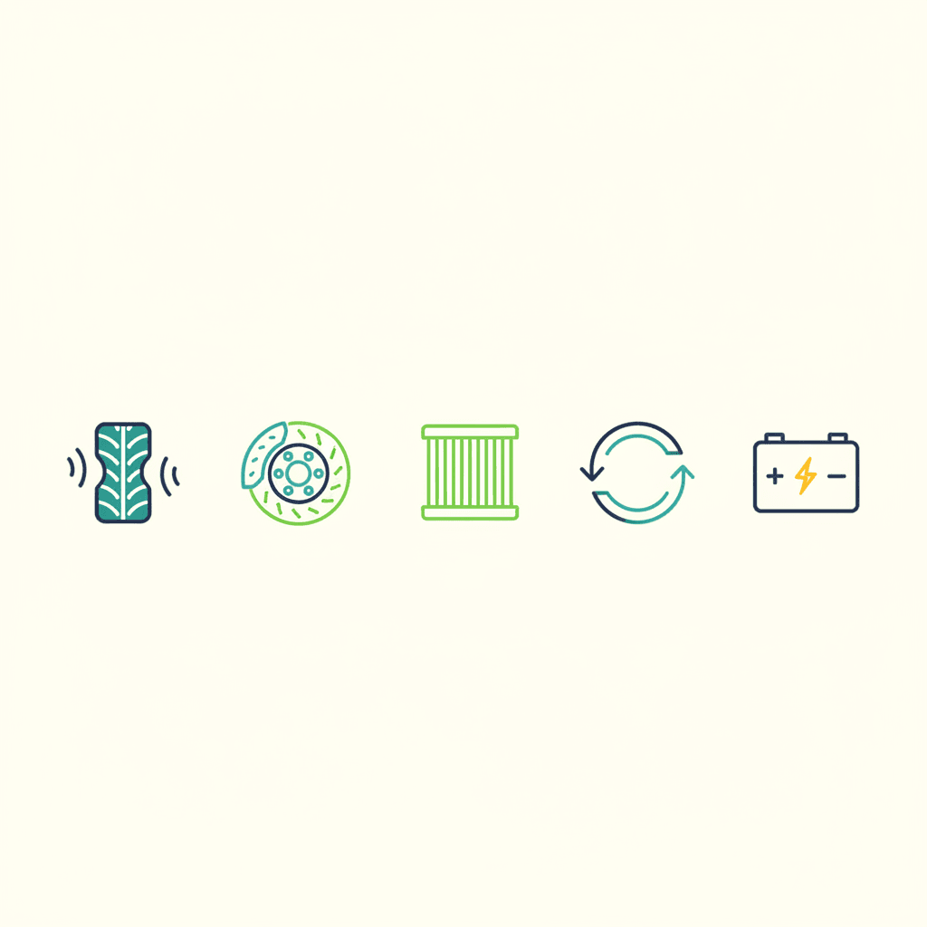 Ilustración vectorial plana con iconos de los elementos a revisar en un coche eléctrico: un neumático, un disco de freno con una gota de líquido y un circuito de refrigeración, sin texto