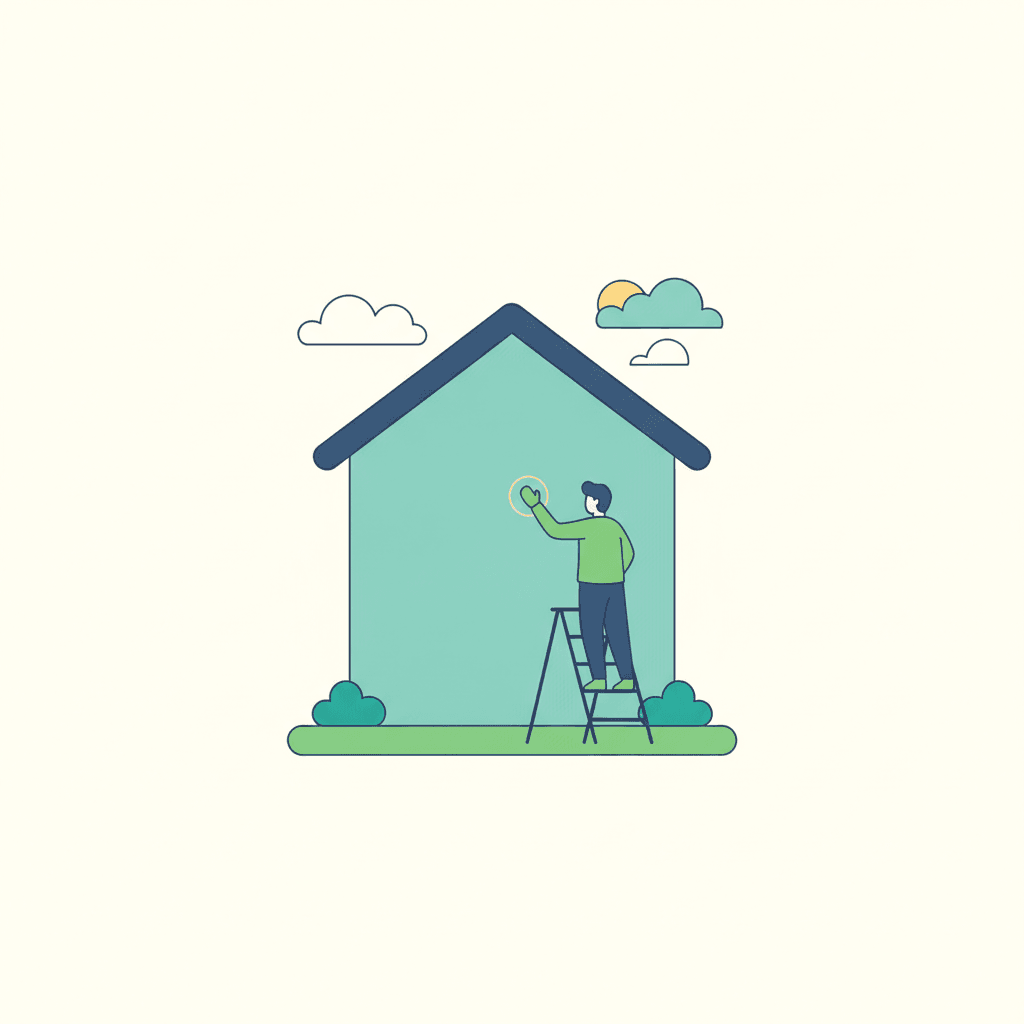 Ilustración de una vivienda con fachada de SATE mostrando una capa de aislante, una malla de refuerzo y un acabado exterior, con una persona revisando la fachada con una escalera