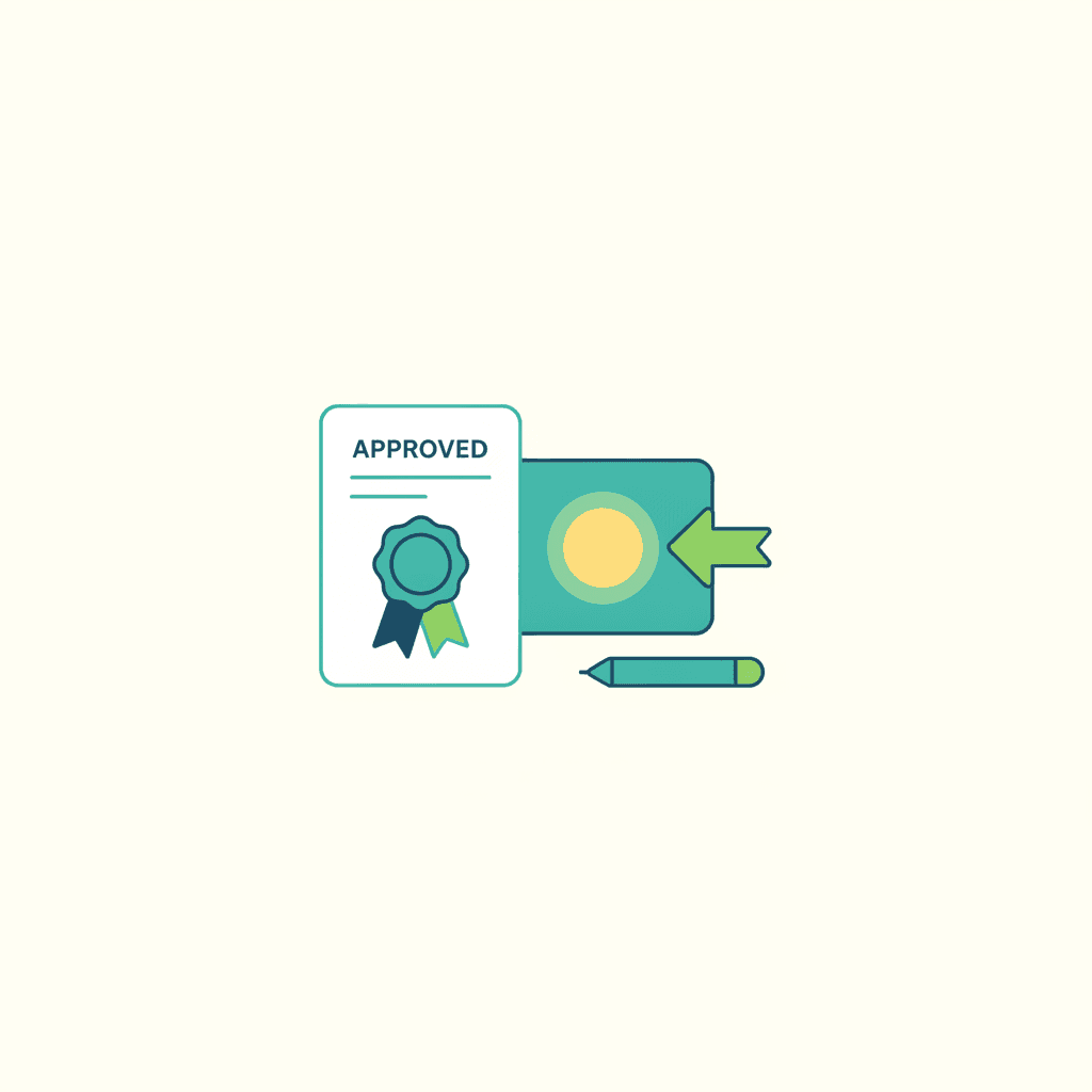 Ilustración vectorial plana de un documento de resolución de subvención con un lápiz señalando una casilla de un proyecto de reforma energética, sin texto