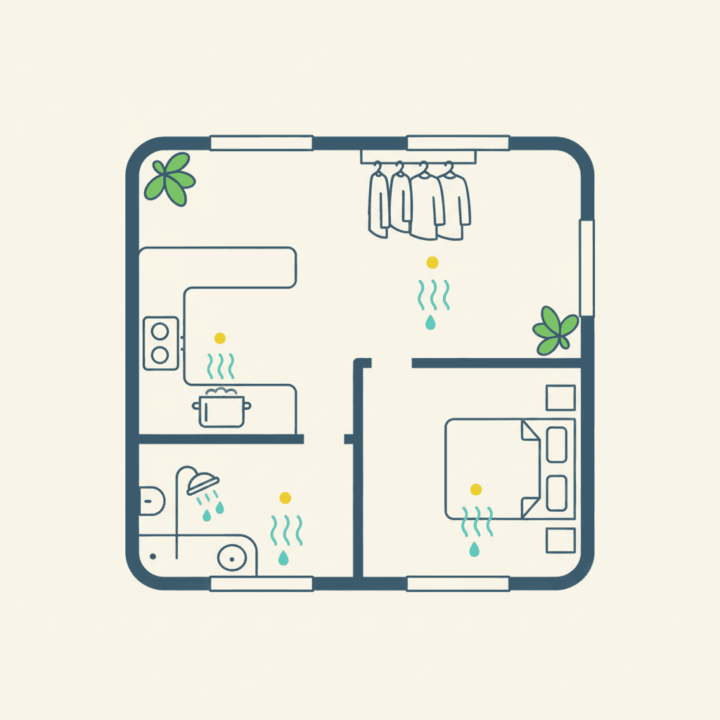 Focos de humedad de una vivienda: ducha, cocina y ropa tendida dentro