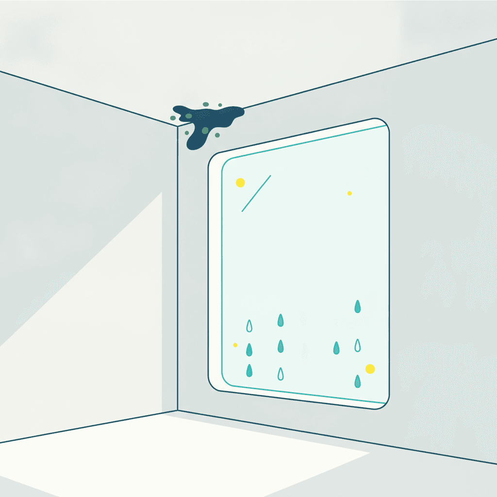 Esquina de una habitación recién reformada con una mancha de moho apareciendo en el techo y gotas de condensación en la ventana nueva