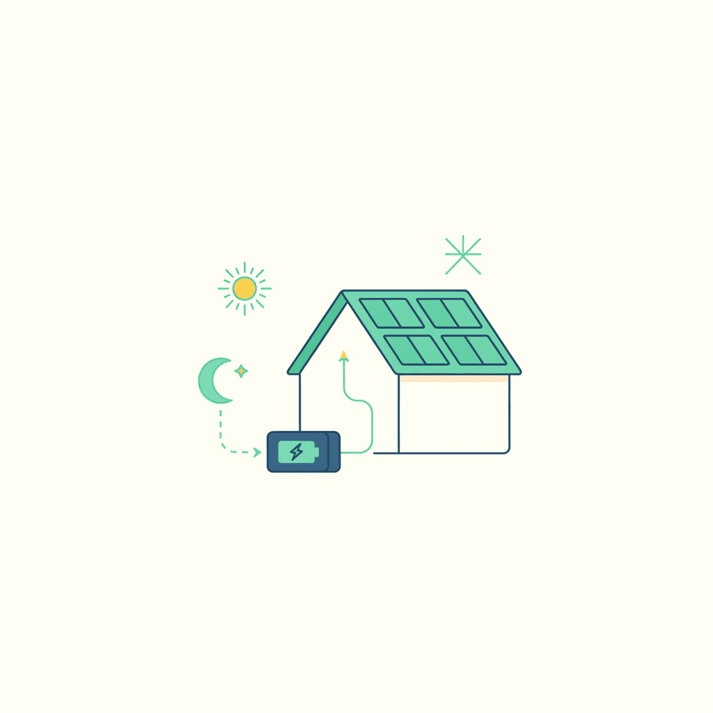 Ilustración vectorial plana de una vivienda con placas solares en el tejado y una flecha de energía dividida entre una batería doméstica y un contador conectado a la red, sin texto