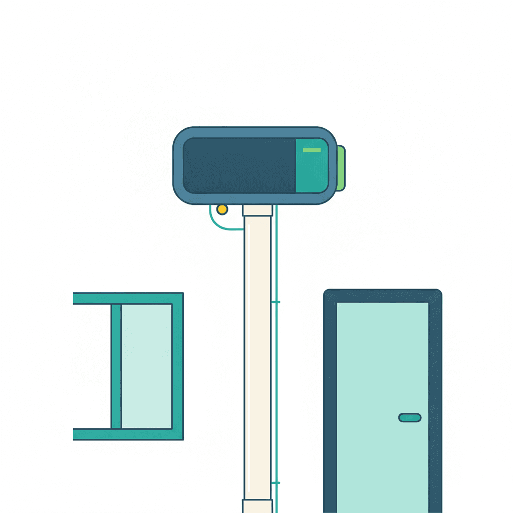 Ilustración vectorial plana de la fachada de una vivienda con una canaleta blanca recorriendo la pared desde la unidad interior hasta la unidad exterior de aire acondicionado, sin texto