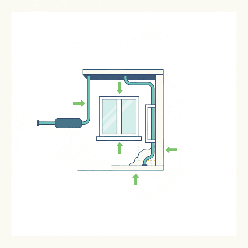 Ilustración vectorial plana con cuatro iconos de opciones para ocultar la tubería: una canaleta en fachada, un falso techo, una roza en la pared y un patio de luces, sin texto