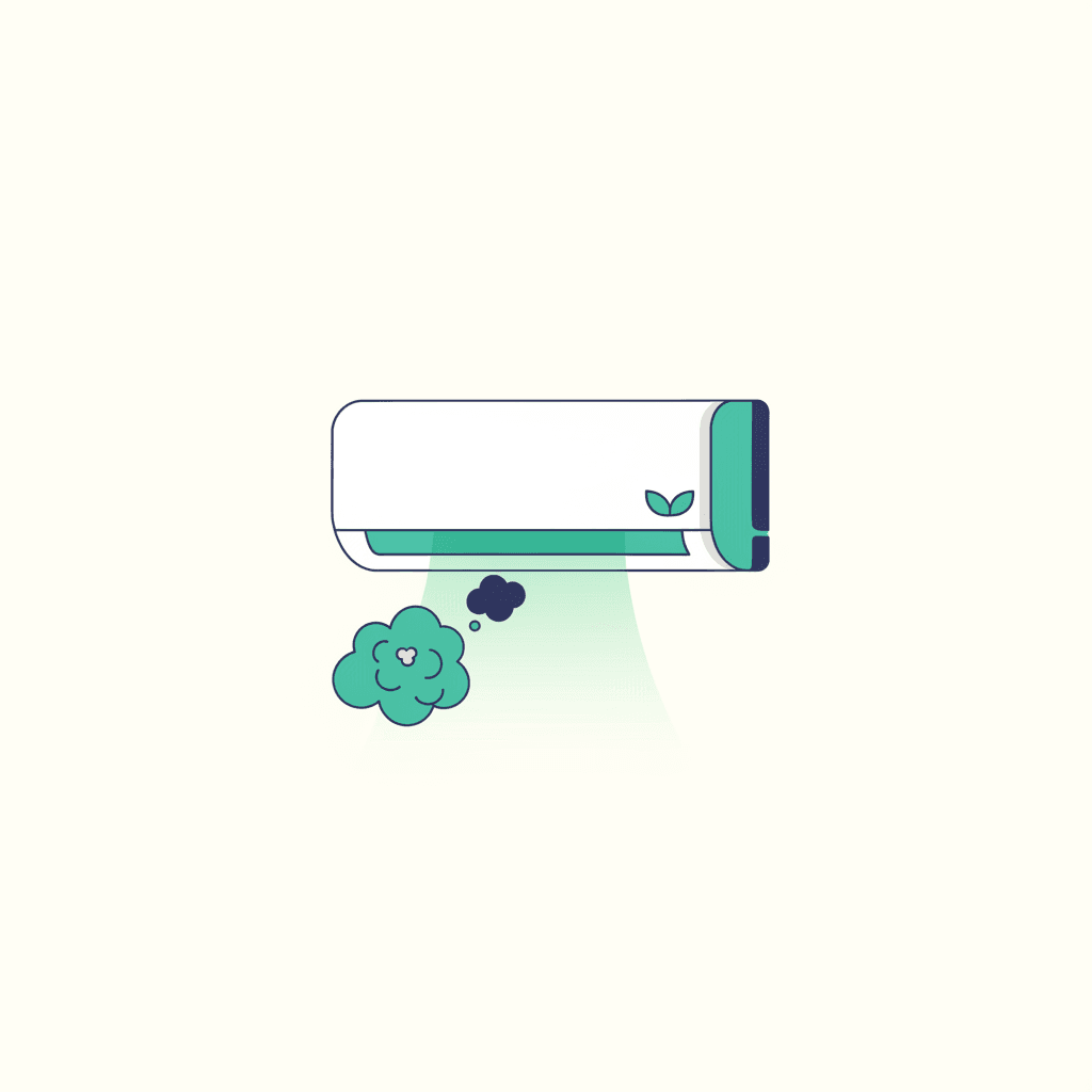 Ilustración vectorial plana de un aire acondicionado de pared encendiéndose por primera vez en la temporada con ondas de olor saliendo de la unidad, sin texto