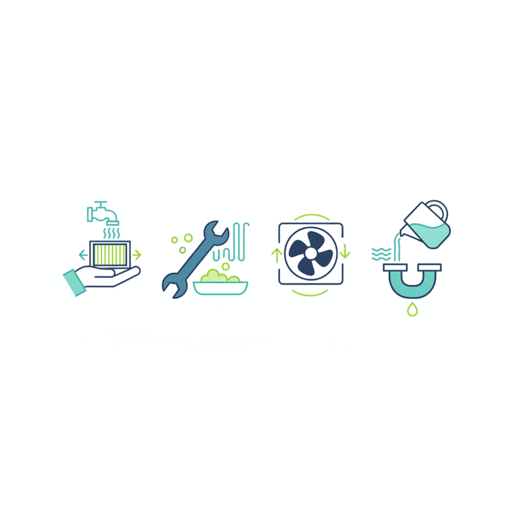 Ilustración vectorial plana de un mando de aire acondicionado señalando el botón de la función self-clean o secado, con el ventilador de la unidad interior en marcha, sin texto