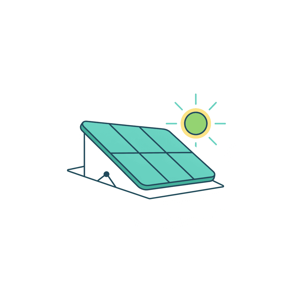 Ilustración de placas solares en un tejado orientadas al sol con el ángulo de inclinación marcado