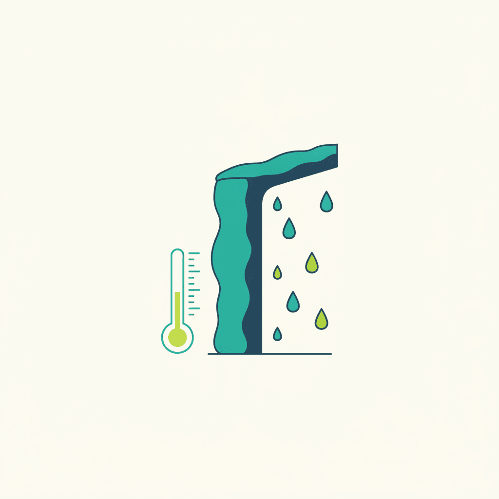 Ilustración de una sección de pared exterior fría con vapor de agua condensando en su cara interior