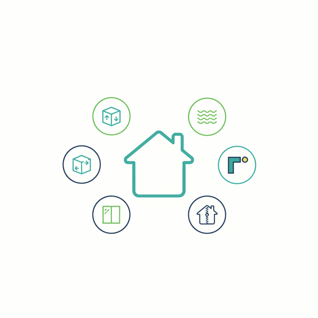 Esquema de los cinco principios del estándar Passivhaus, con la ventilación con recuperación como uno de ellos